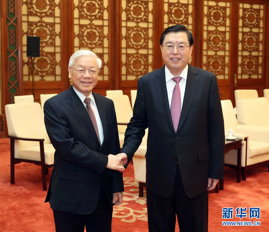 1月13日，中共中央政治局常委、全國人大常委會委員長張德江在北京人民大會堂會見越共中央總書記阮富仲。 新華社記者 劉衛(wèi)兵 攝