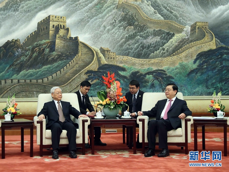 1月13日，中共中央政治局常委、全國人大常委會委員長張德江在北京人民大會堂會見越共中央總書記阮富仲。 新華社記者 劉衛(wèi)兵 攝