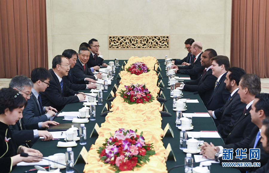 3月22日，中共中央書記處書記、全國政協(xié)副主席杜青林在北京會見巴西民主運動黨眾議院黨團領(lǐng)袖羅西率領(lǐng)的該黨干部考察團。 新華社記者張領(lǐng)攝