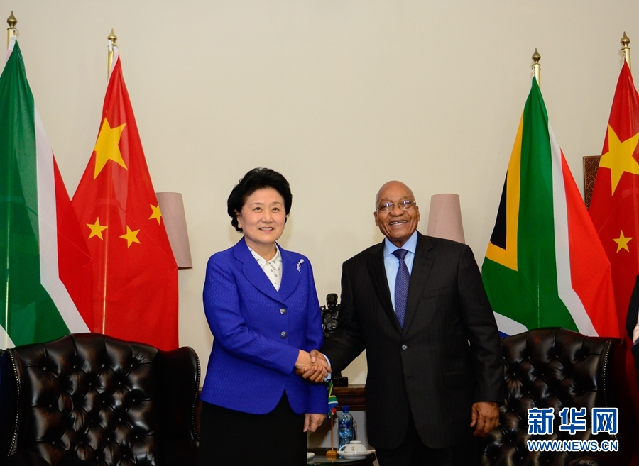 4月25日，南非總統(tǒng)祖馬（右）在比勒陀利亞總統(tǒng)官邸會見正在對南非進行正式訪問并出席中南高級別人文交流機制首次會議的中國國務院副總理劉延東。 新華社記者 翟健嵐 攝