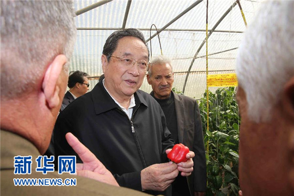 11月8日，正在約旦進(jìn)行正式友好訪問的全國政協(xié)主席俞正聲在約旦河谷參觀碩果農(nóng)業(yè)合作社。 新華社記者 劉衛(wèi)兵 攝 