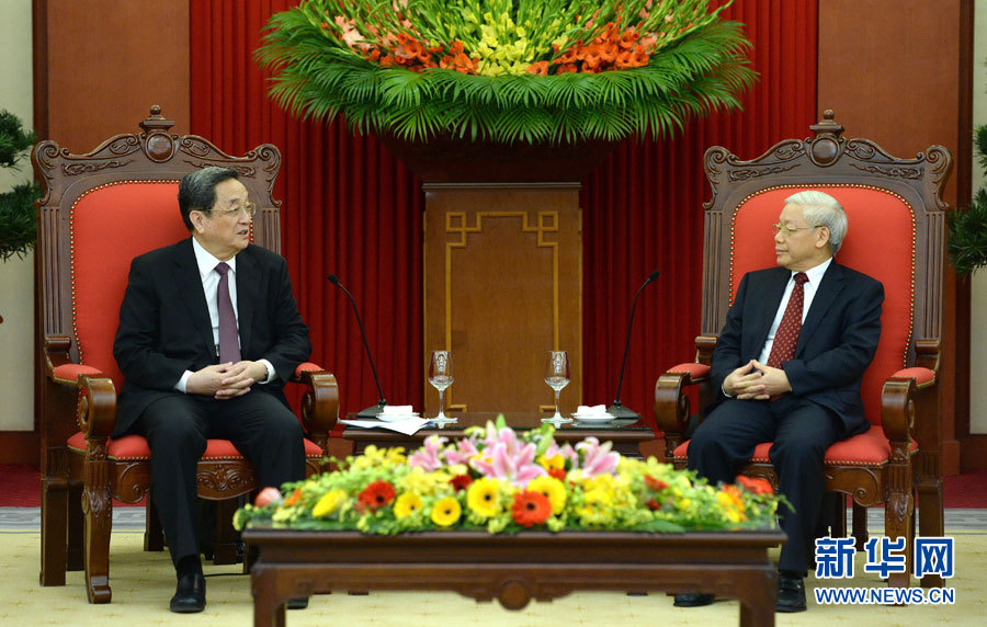 12月25日至27日，中共中央政治局常委、全國(guó)政協(xié)主席俞正聲對(duì)越南進(jìn)行正式訪問(wèn)。這是12月26日，俞正聲在河內(nèi)會(huì)見越共中央總書記阮富仲。 新華社記者馬占成攝