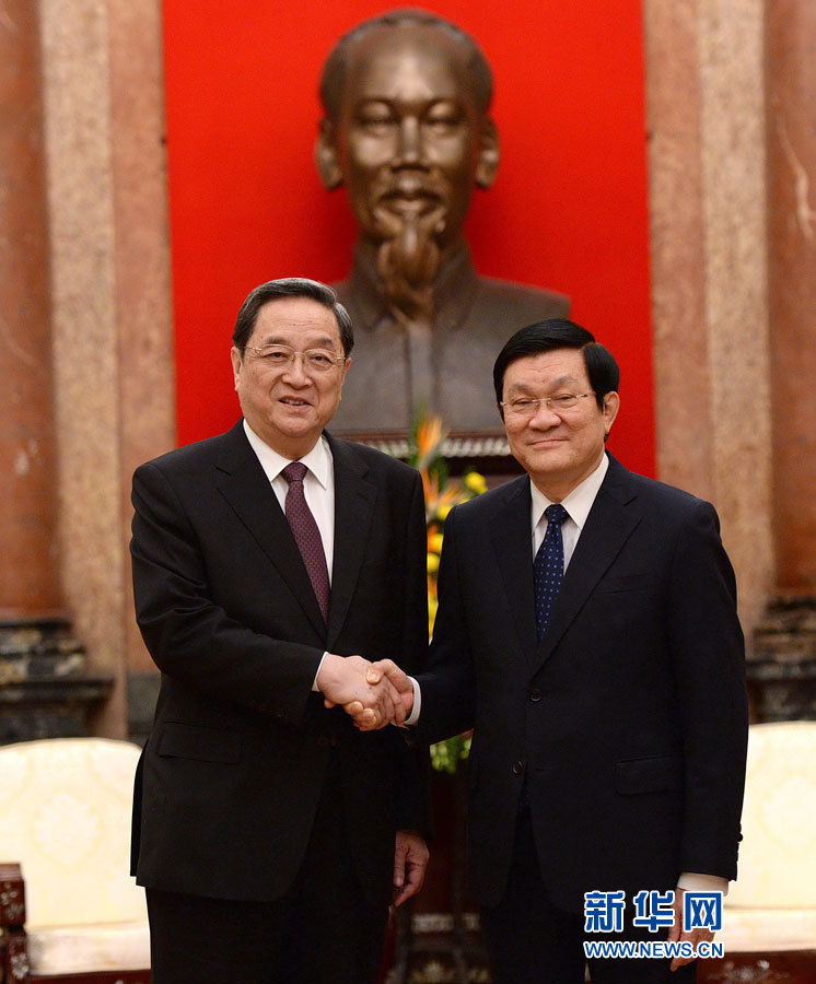 12月25日至27日，中共中央政治局常委、全國(guó)政協(xié)主席俞正聲對(duì)越南進(jìn)行正式訪問(wèn)。這是12月26日，俞正聲在河內(nèi)會(huì)見越南國(guó)家主席張晉創(chuàng)。 新華社記者馬占成攝