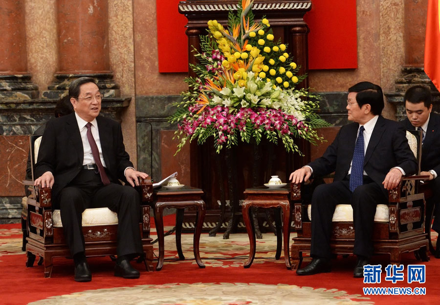 12月25日至27日，中共中央政治局常委、全國(guó)政協(xié)主席俞正聲對(duì)越南進(jìn)行正式訪問(wèn)。這是12月26日，俞正聲在河內(nèi)會(huì)見越南國(guó)家主席張晉創(chuàng)。 新華社記者劉建生攝