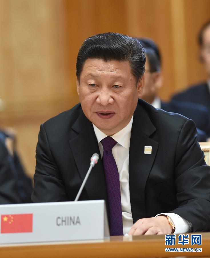 7月9日，金磚國家領導人第七次會晤在俄羅斯烏法舉行。中國國家主席習近平、俄羅斯總統(tǒng)普京、巴西總統(tǒng)羅塞夫、印度總理莫迪、南非總統(tǒng)祖馬出席。這是習近平發(fā)表題為《共建伙伴關系　共創(chuàng)美好未來》的主旨講話。新華社記者 饒愛民 攝 