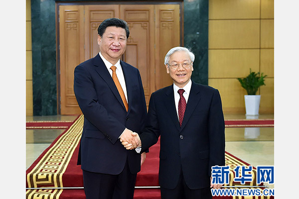 11月5日，中共中央總書記、國家主席習(xí)近平在河內(nèi)同越共中央總書記阮富仲舉行會談。 新華社記者李濤攝